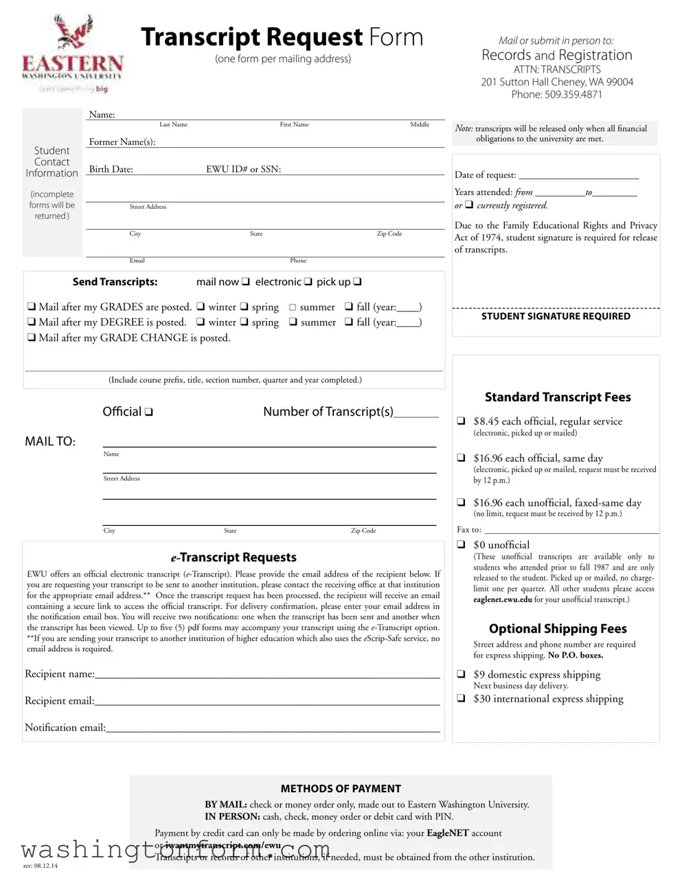 Fill Out Your Eastern Washington University Transcript Form