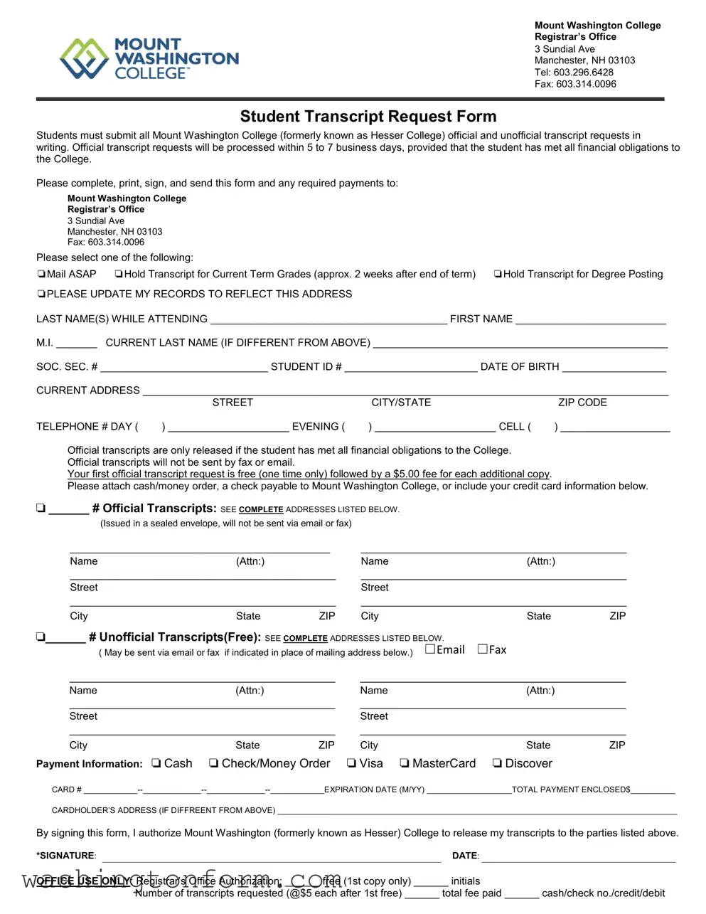 Fill Out Your Mount Washington College Transcript Form