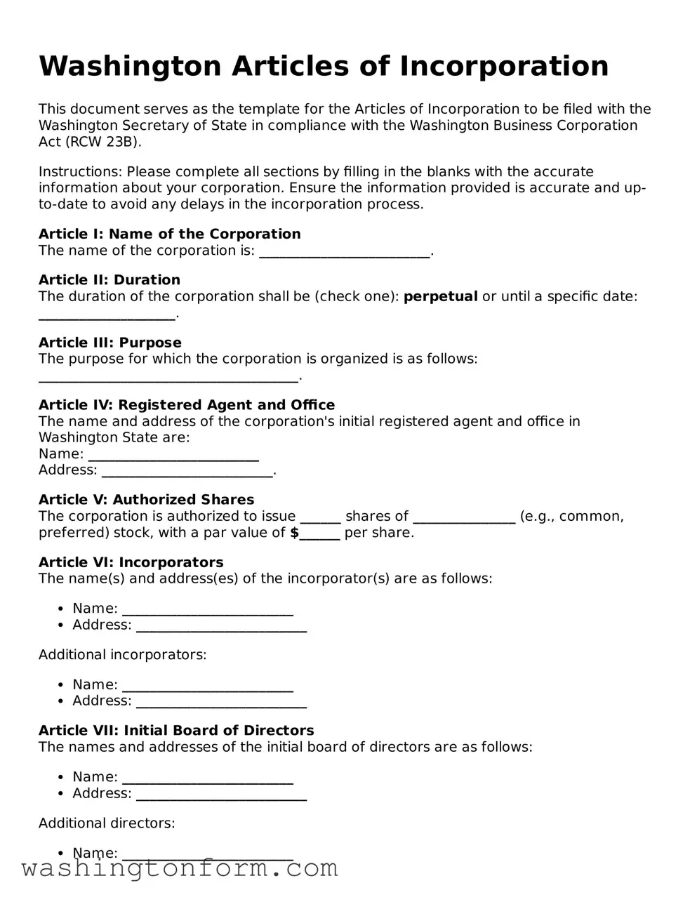 Attorney-Approved Washington Articles of Incorporation Document