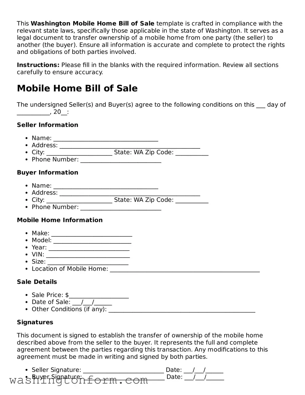 Attorney-Approved Washington Mobile Home Bill of Sale Document