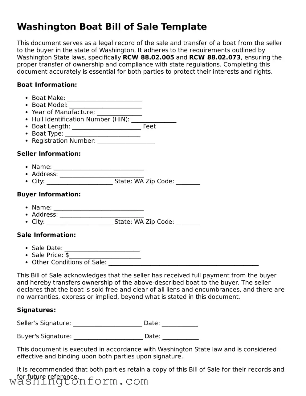Attorney-Approved Washington Boat Bill of Sale Document