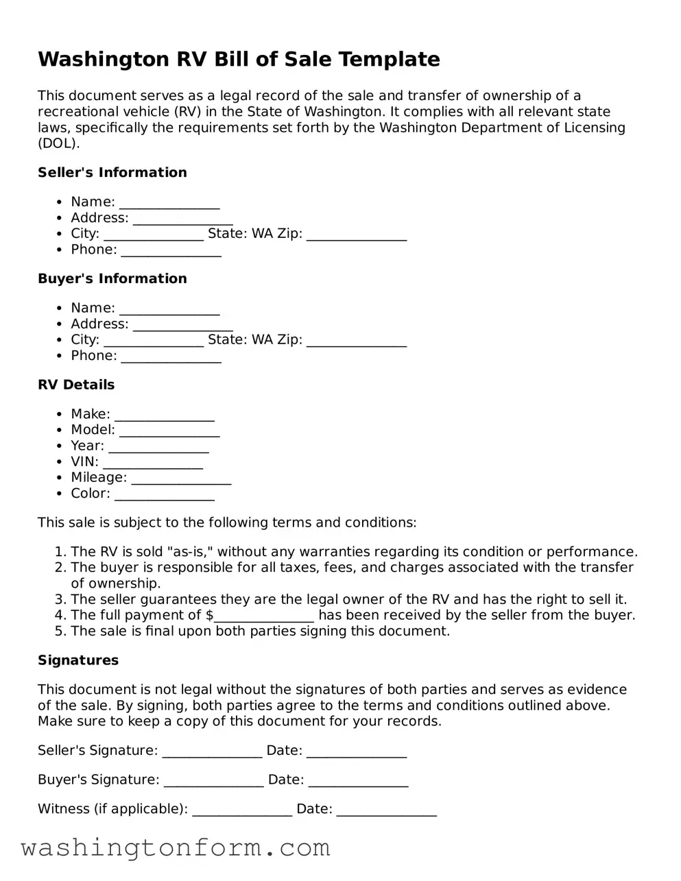 Attorney-Approved Washington RV Bill of Sale Document