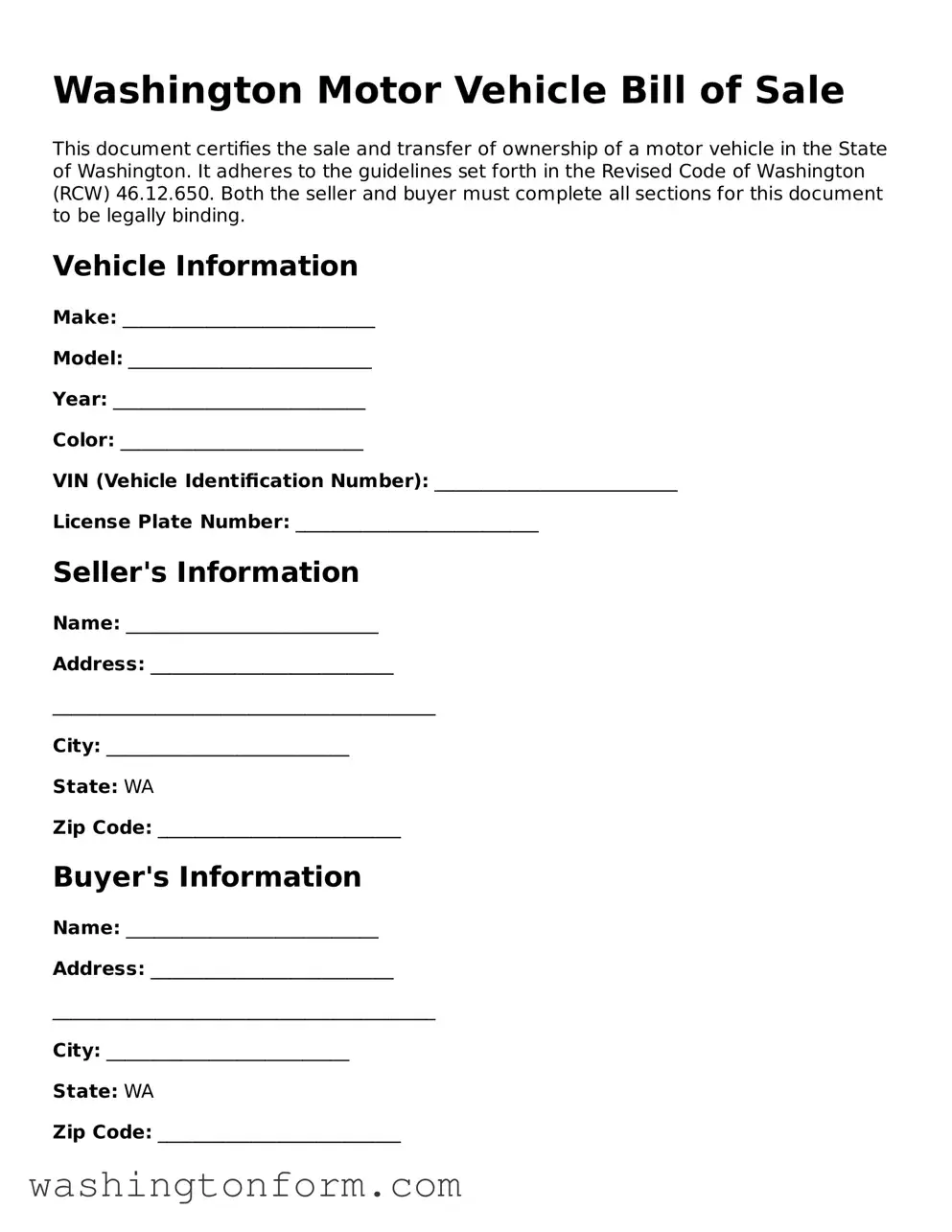Attorney-Approved Washington Motor Vehicle Bill of Sale Document