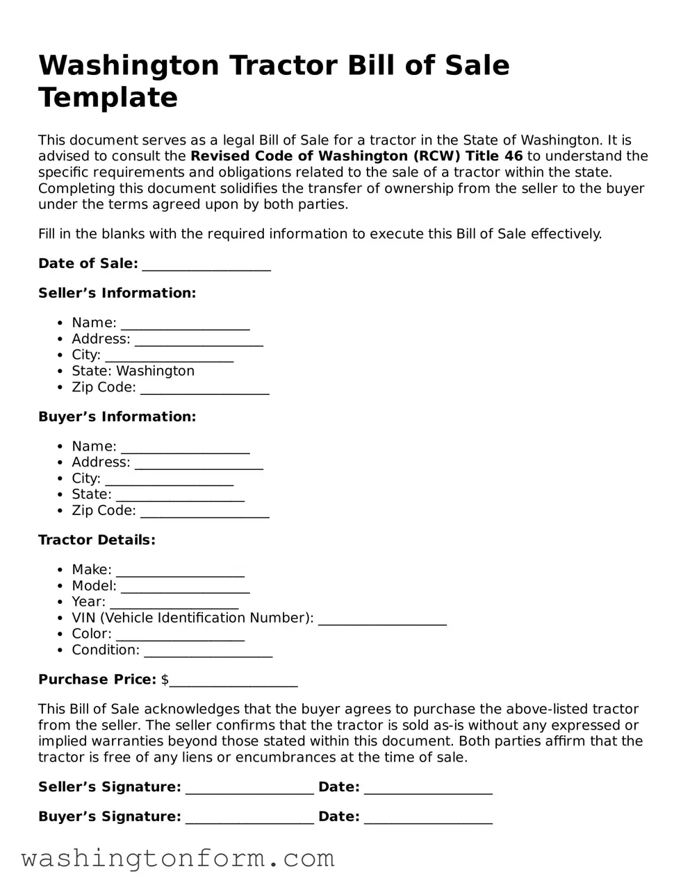 Attorney-Approved Washington Tractor Bill of Sale Document
