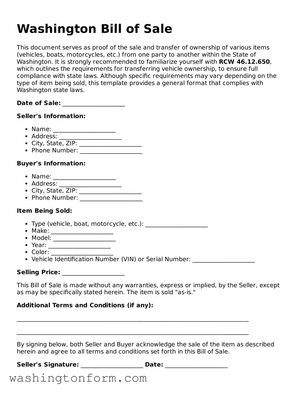 Attorney-Approved Washington Bill of Sale Document