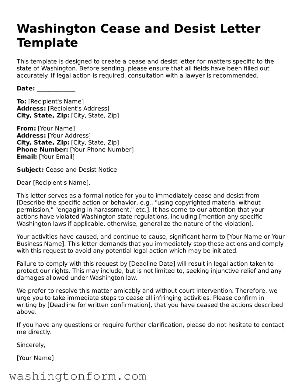 Attorney-Approved Washington Cease and Desist Letter Document