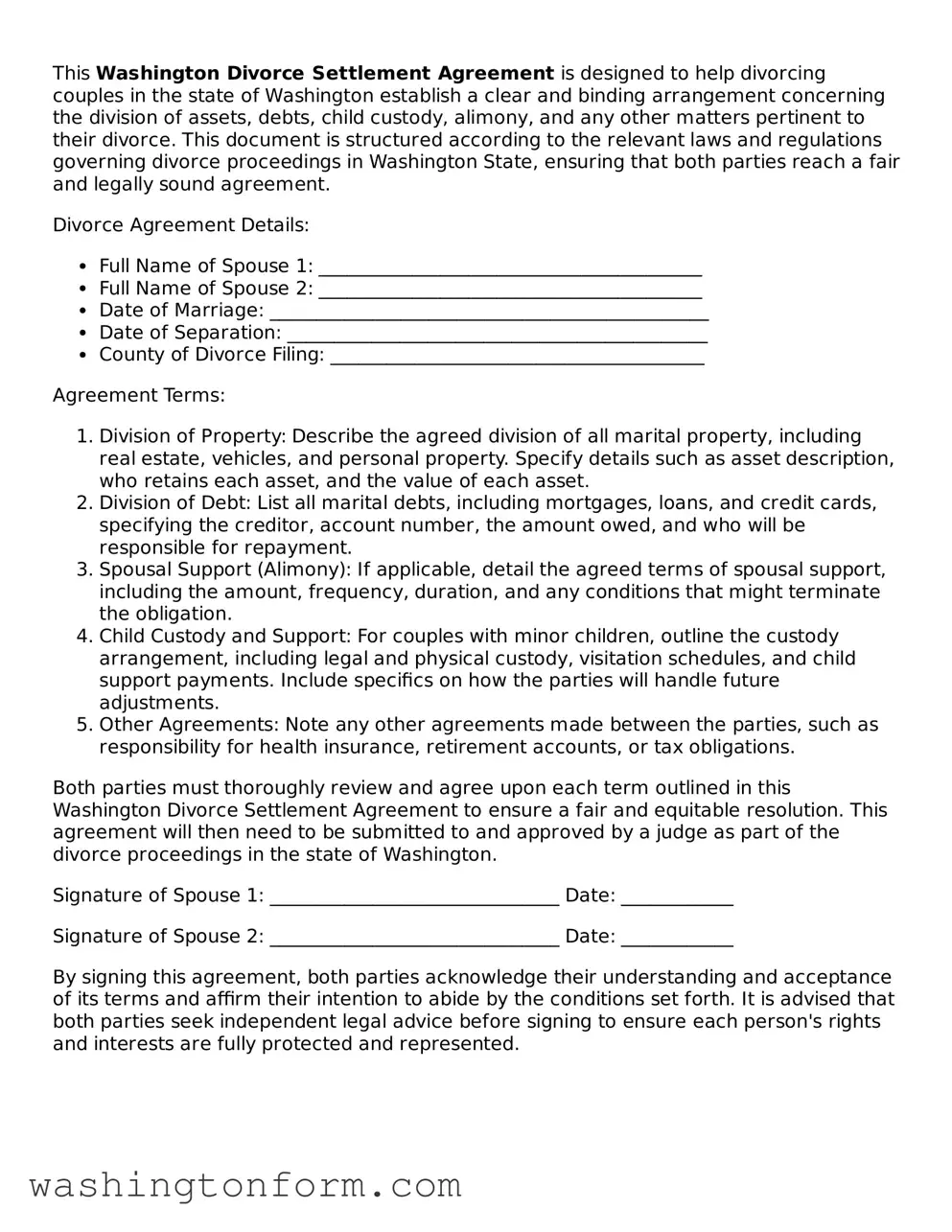 Attorney-Approved Washington Divorce Settlement Agreement Document