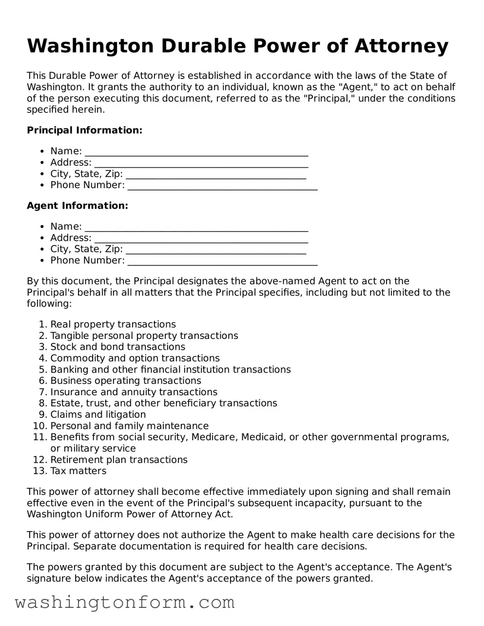 Attorney-Approved Washington Durable Power of Attorney Document