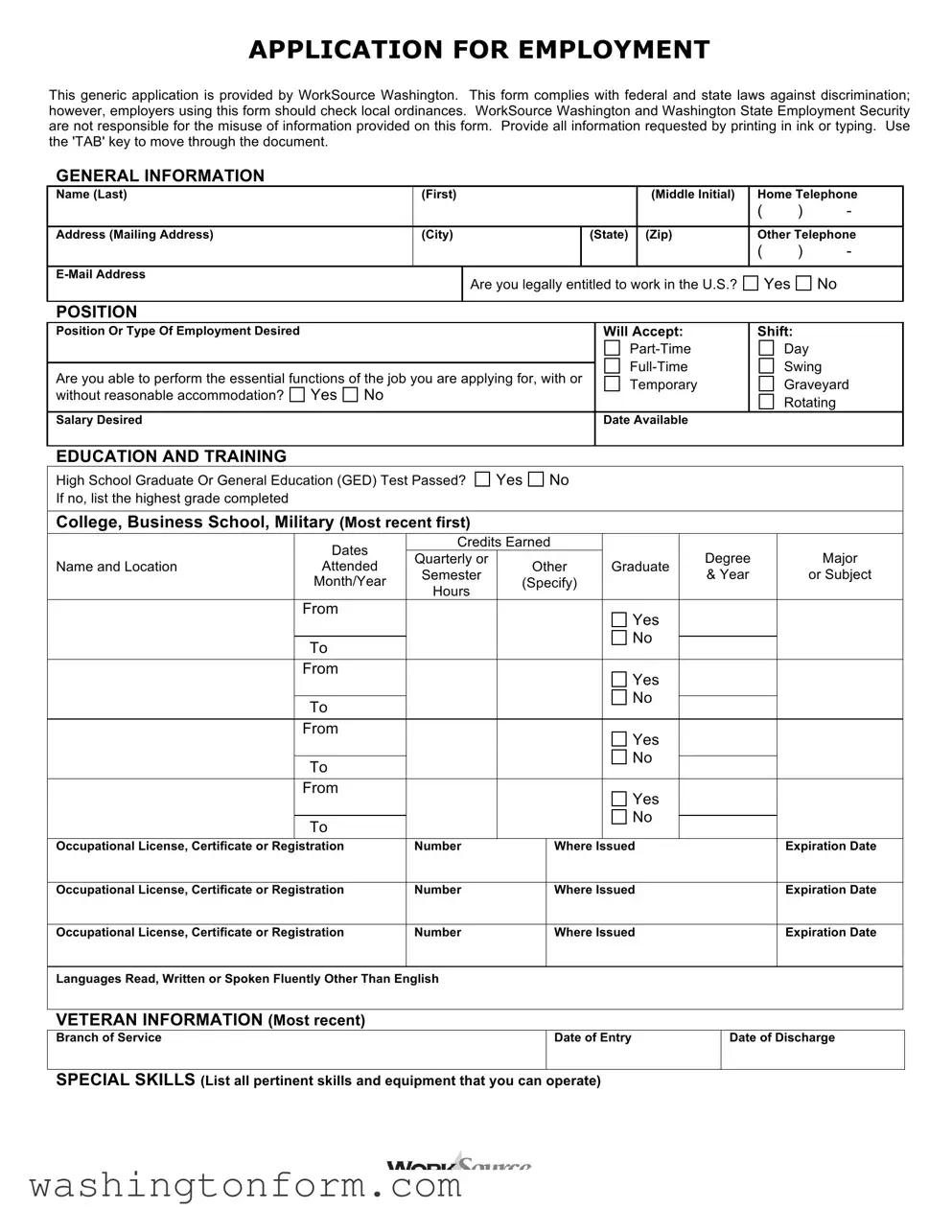 Fill Out Your Washington Employment Application Form