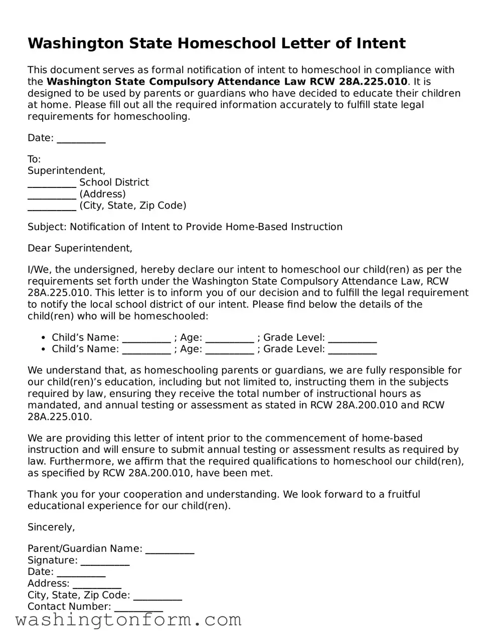 Attorney-Approved Washington Homeschool Letter of Intent Document