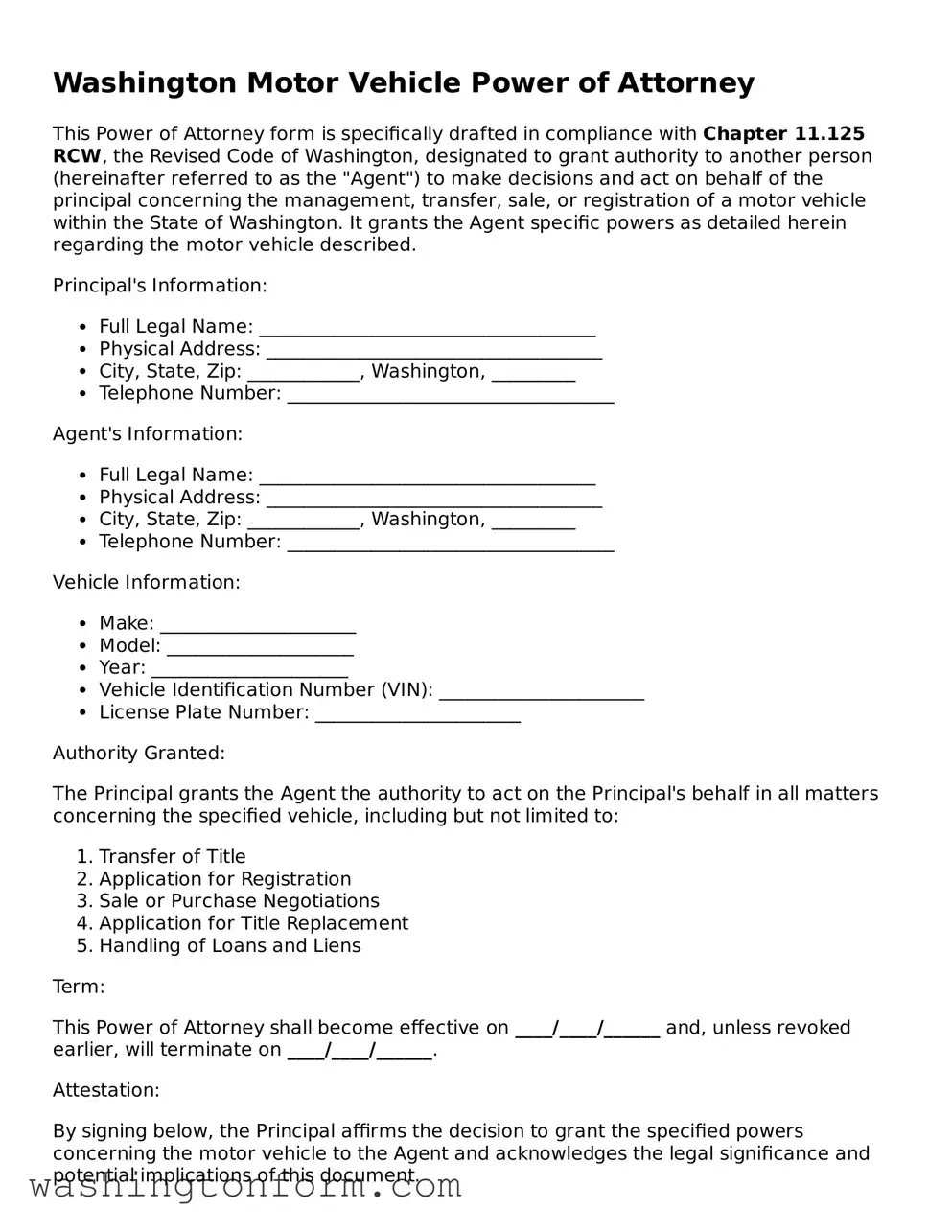 Attorney-Approved Washington Motor Vehicle Power of Attorney Document