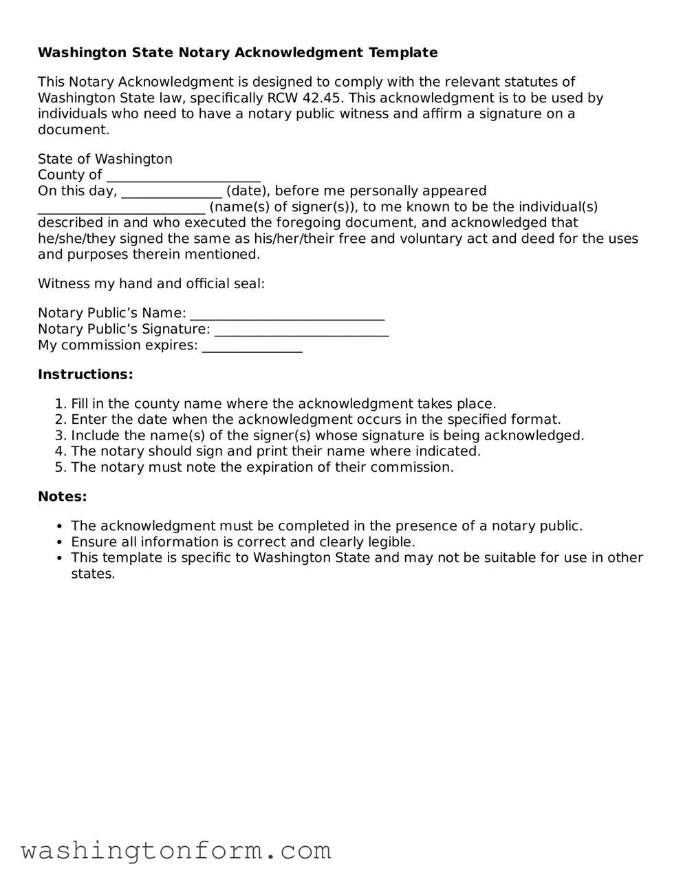 Attorney-Approved Washington Notary Acknowledgement Document