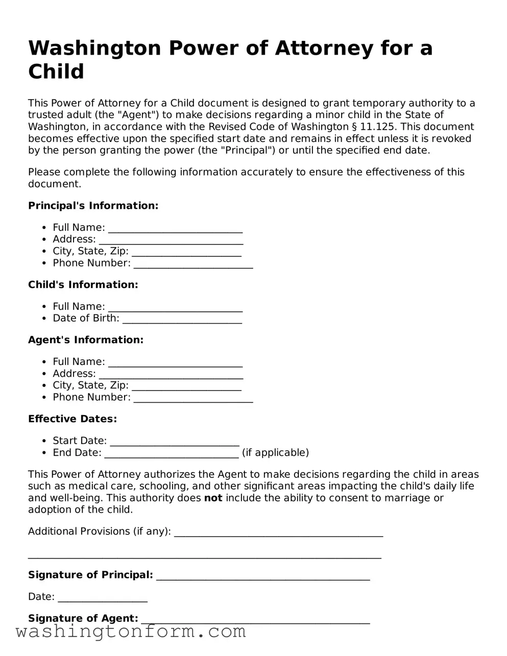 Attorney-Approved Washington Power of Attorney for a Child Document
