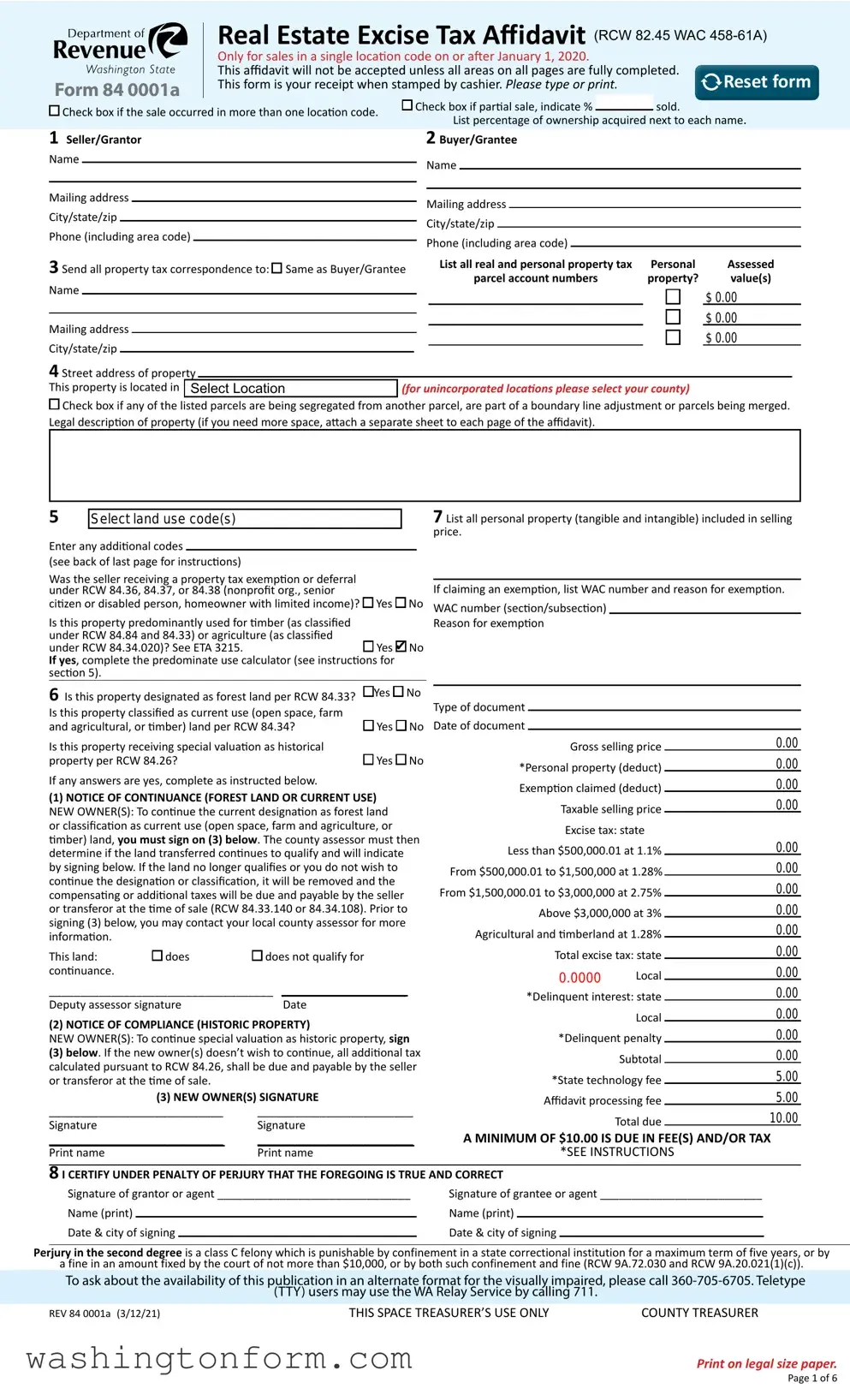 Fill Out Your Washington Real Estate Excise Tax Affidavit Form