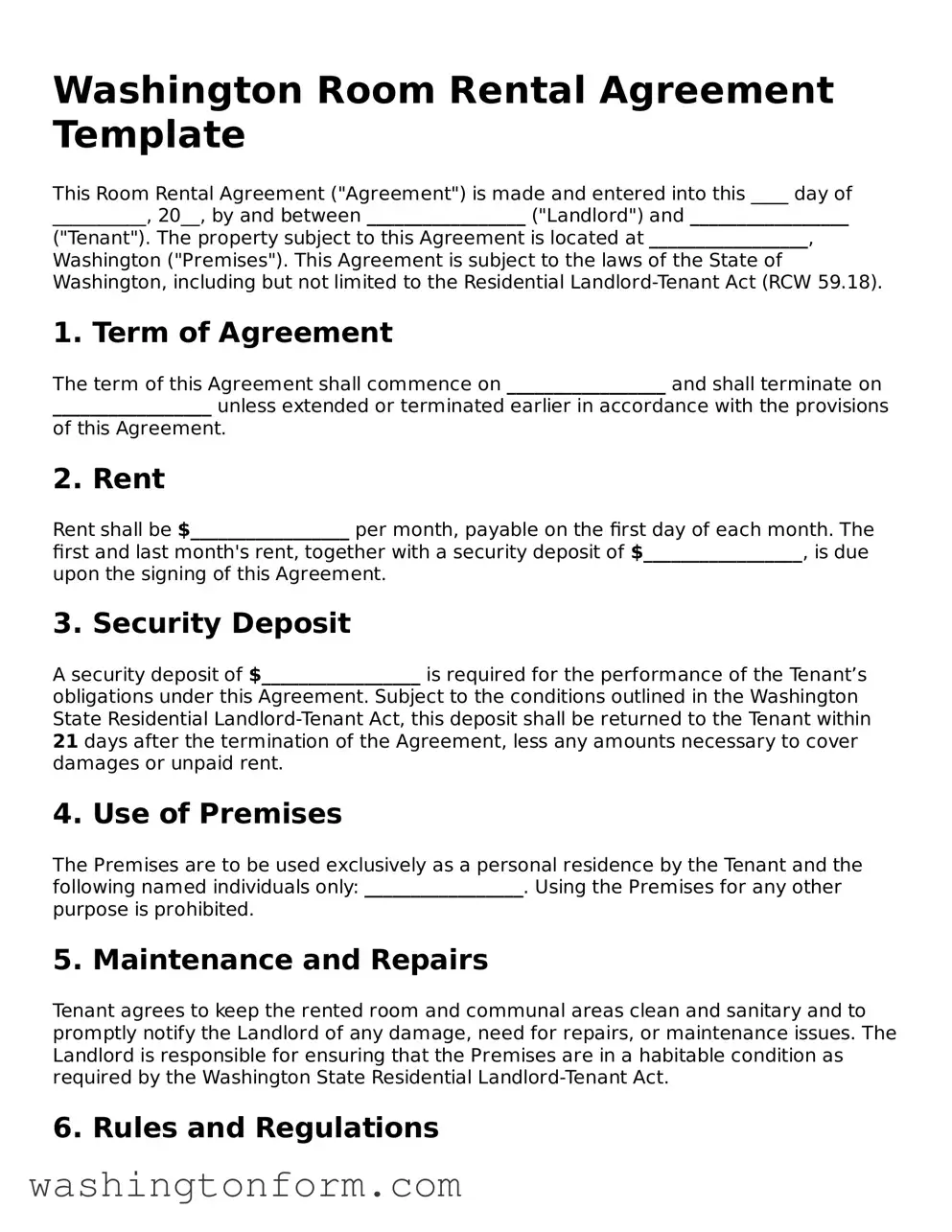 Attorney-Approved Washington Room Rental Agreement Document